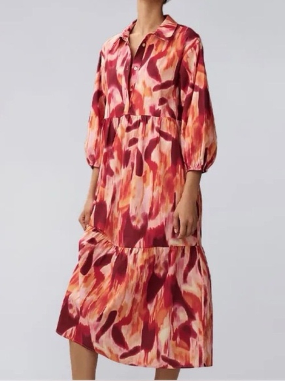 Anthropologie Maeve Bettina Multicolor Honey Red Tiered Midi Shirt Dress S